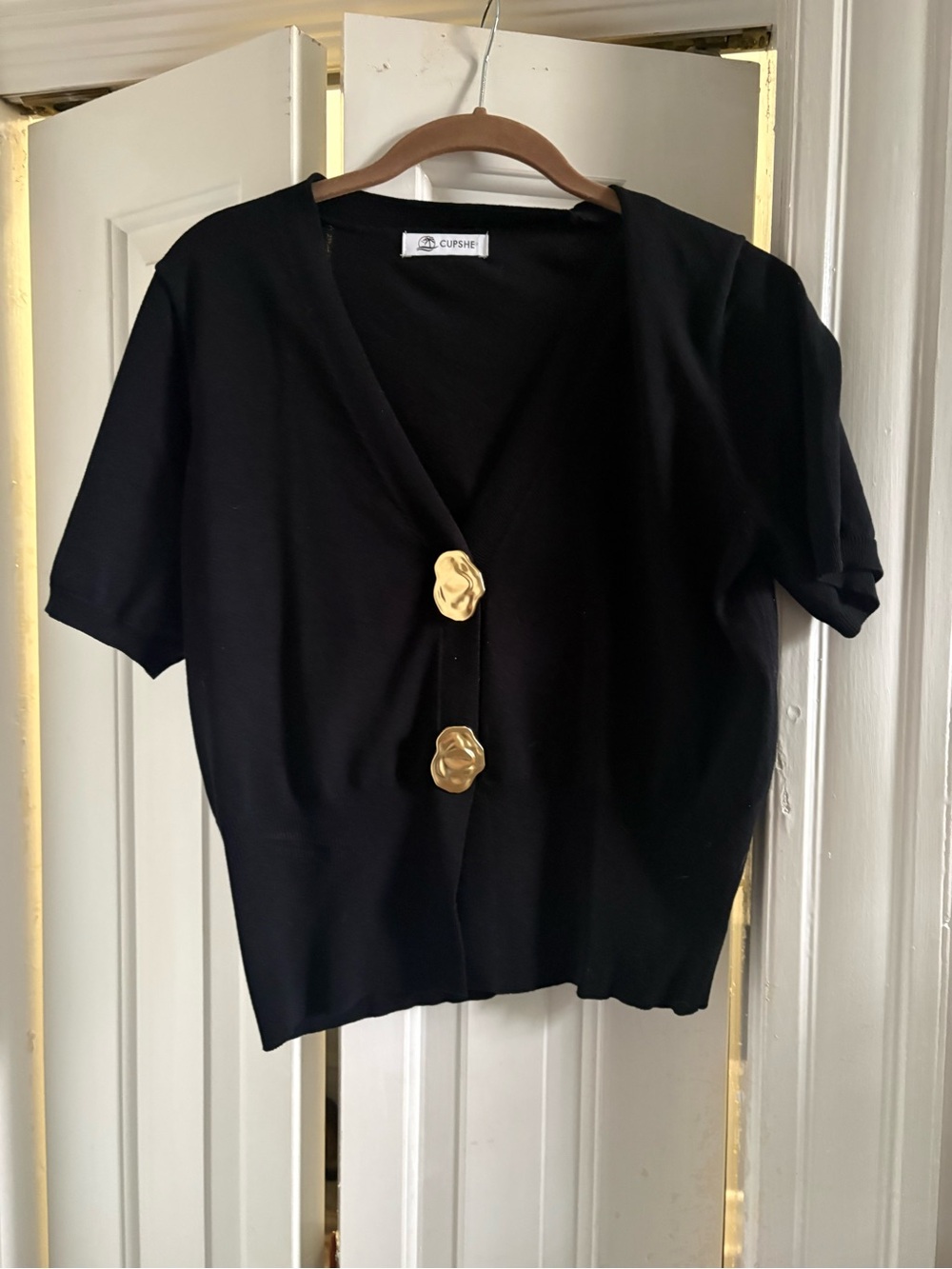 Cupshe Black Short-Sleeve V-Neck Top with Gold Decorative Buttons